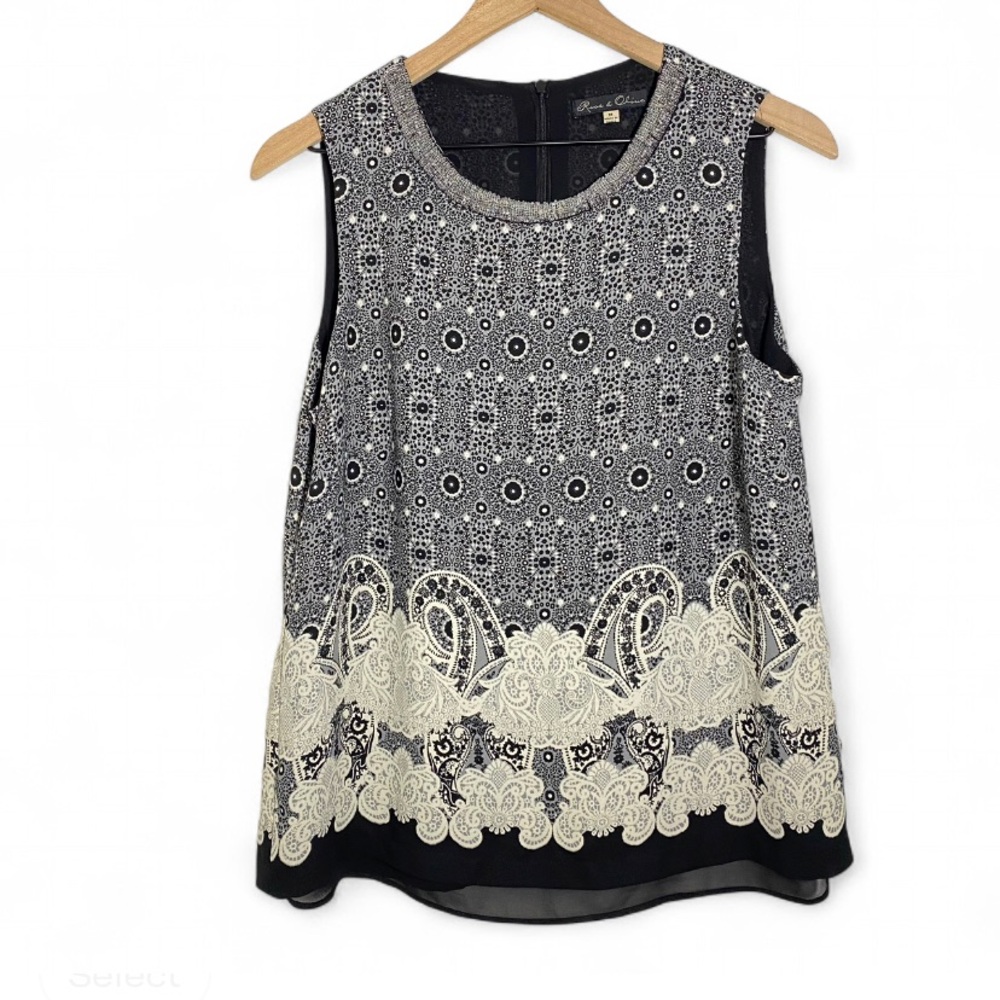 Rose & Olive Women’s Beaded Collar Floral Sleeveless Flowy Top Blouse